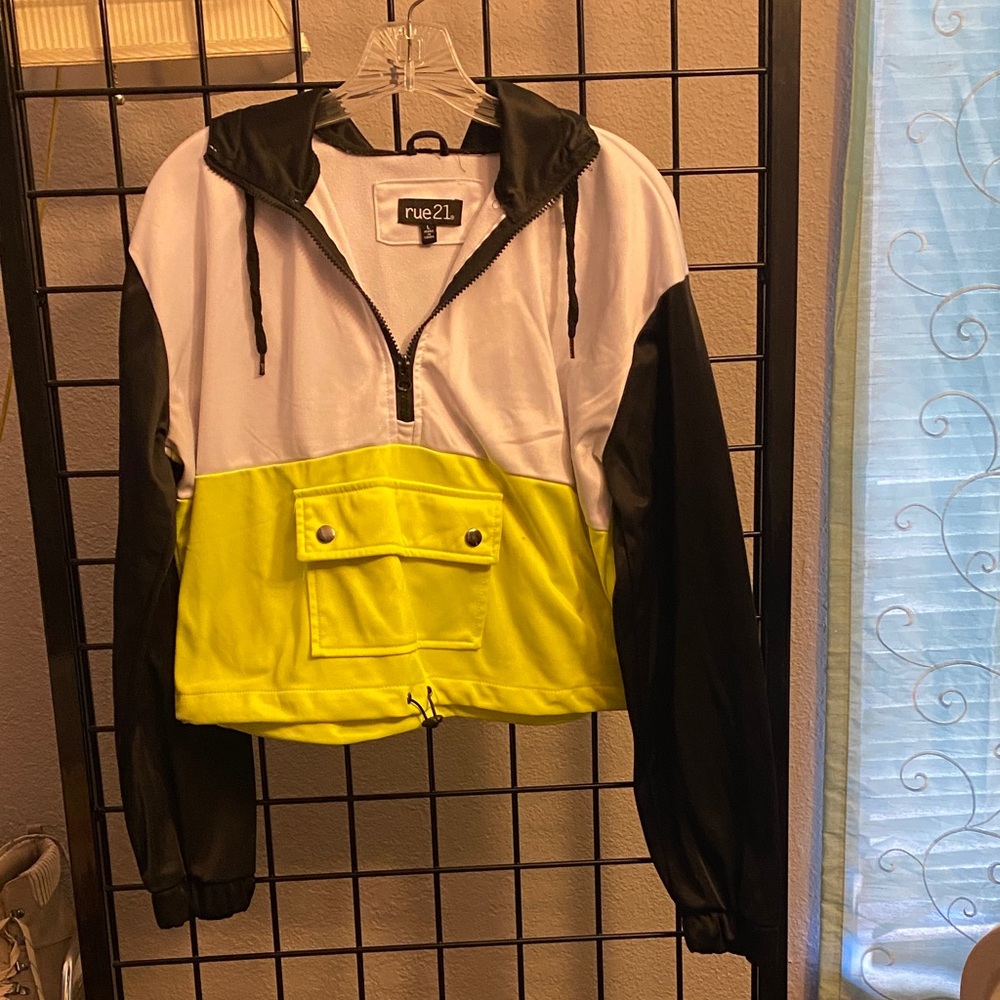 Rue21 Black, White, and Yellow Hooded Jacket